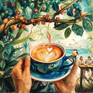 A hand-painted ceramic cup filled with coffee cradled by a local barista, with steam transforming into a tree above, amidst a watercolor panorama of Koh Phangan, highlighting its coffee culture, sustainability, and creativity.